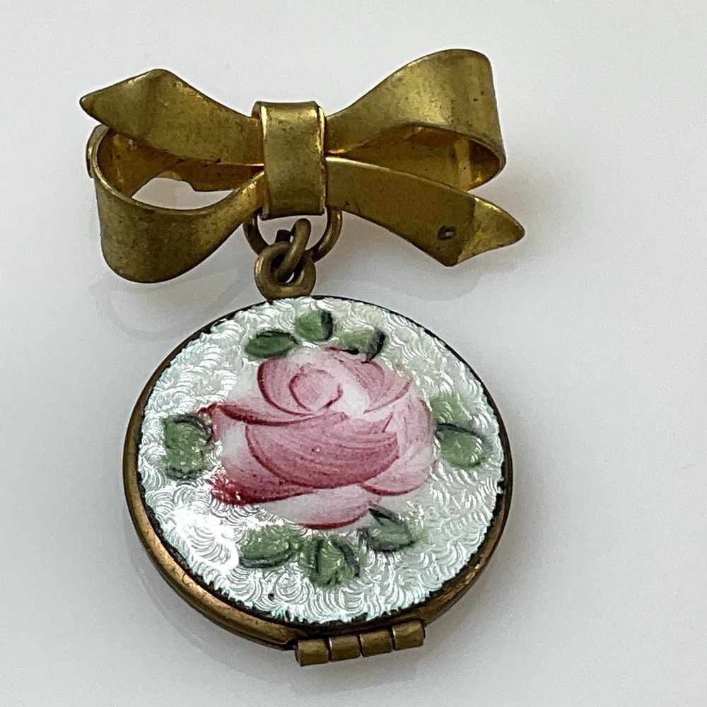 Vintage Guilloche Enamel Rose Bow Brooch Locket Photo Pendant Pin Gold Tone